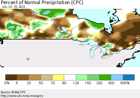 Canada Percent of Normal Precipitation (CPC) Thematic Map For 6/19/2023 - 6/25/2023