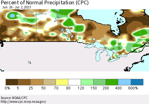 Canada Percent of Normal Precipitation (CPC) Thematic Map For 6/26/2023 - 7/2/2023