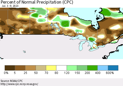 Canada Percent of Normal Precipitation (CPC) Thematic Map For 7/3/2023 - 7/9/2023