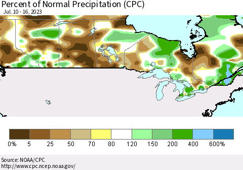 Canada Percent of Normal Precipitation (CPC) Thematic Map For 7/10/2023 - 7/16/2023