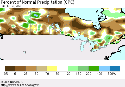 Canada Percent of Normal Precipitation (CPC) Thematic Map For 7/17/2023 - 7/23/2023