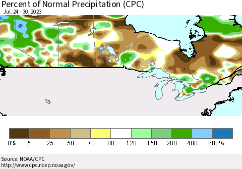 Canada Percent of Normal Precipitation (CPC) Thematic Map For 7/24/2023 - 7/30/2023