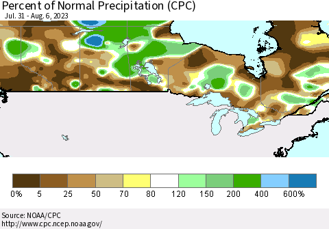 Canada Percent of Normal Precipitation (CPC) Thematic Map For 7/31/2023 - 8/6/2023