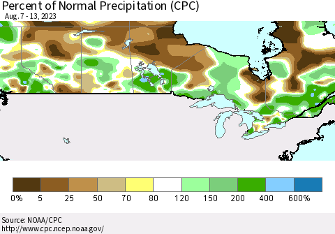 Canada Percent of Normal Precipitation (CPC) Thematic Map For 8/7/2023 - 8/13/2023