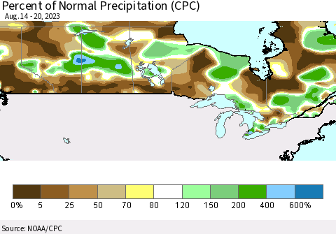 Canada Percent of Normal Precipitation (CPC) Thematic Map For 8/14/2023 - 8/20/2023