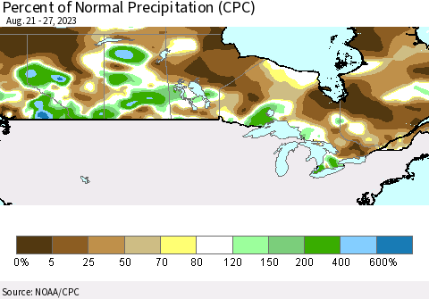 Canada Percent of Normal Precipitation (CPC) Thematic Map For 8/21/2023 - 8/27/2023