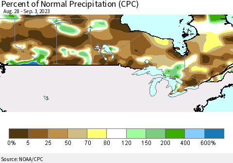 Canada Percent of Normal Precipitation (CPC) Thematic Map For 8/28/2023 - 9/3/2023