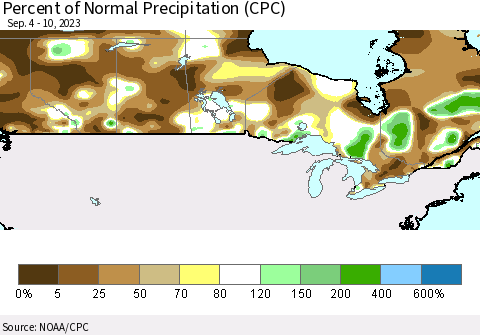 Canada Percent of Normal Precipitation (CPC) Thematic Map For 9/4/2023 - 9/10/2023