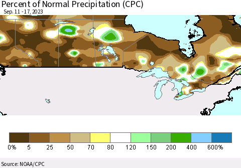 Canada Percent of Normal Precipitation (CPC) Thematic Map For 9/11/2023 - 9/17/2023