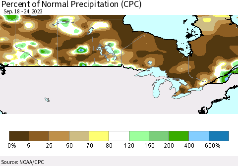 Canada Percent of Normal Precipitation (CPC) Thematic Map For 9/18/2023 - 9/24/2023