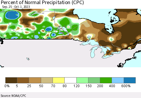 Canada Percent of Normal Precipitation (CPC) Thematic Map For 9/25/2023 - 10/1/2023