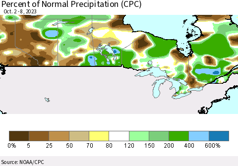 Canada Percent of Normal Precipitation (CPC) Thematic Map For 10/2/2023 - 10/8/2023