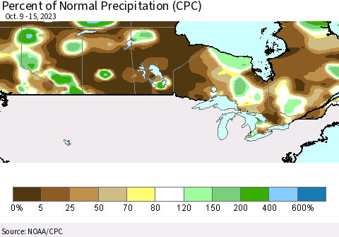 Canada Percent of Normal Precipitation (CPC) Thematic Map For 10/9/2023 - 10/15/2023