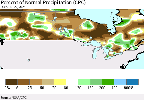 Canada Percent of Normal Precipitation (CPC) Thematic Map For 10/16/2023 - 10/22/2023