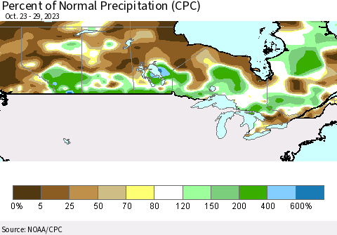 Canada Percent of Normal Precipitation (CPC) Thematic Map For 10/23/2023 - 10/29/2023
