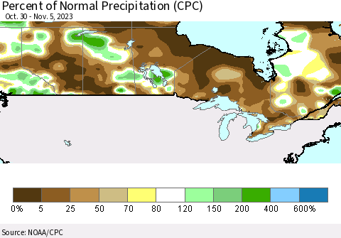 Canada Percent of Normal Precipitation (CPC) Thematic Map For 10/30/2023 - 11/5/2023