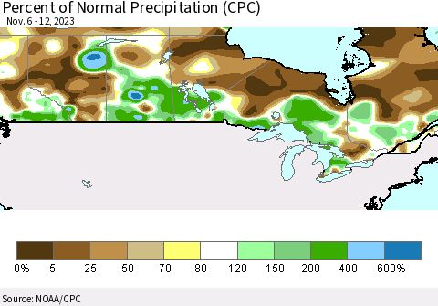 Canada Percent of Normal Precipitation (CPC) Thematic Map For 11/6/2023 - 11/12/2023