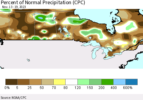 Canada Percent of Normal Precipitation (CPC) Thematic Map For 11/13/2023 - 11/19/2023