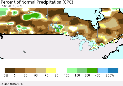 Canada Percent of Normal Precipitation (CPC) Thematic Map For 11/20/2023 - 11/26/2023
