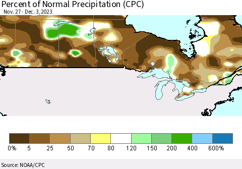 Canada Percent of Normal Precipitation (CPC) Thematic Map For 11/27/2023 - 12/3/2023