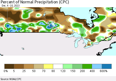 Canada Percent of Normal Precipitation (CPC) Thematic Map For 12/4/2023 - 12/10/2023