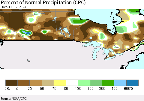 Canada Percent of Normal Precipitation (CPC) Thematic Map For 12/11/2023 - 12/17/2023