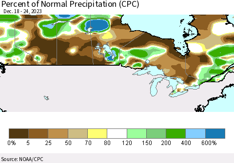 Canada Percent of Normal Precipitation (CPC) Thematic Map For 12/18/2023 - 12/24/2023