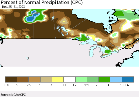 Canada Percent of Normal Precipitation (CPC) Thematic Map For 12/25/2023 - 12/31/2023
