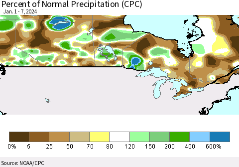 Canada Percent of Normal Precipitation (CPC) Thematic Map For 1/1/2024 - 1/7/2024