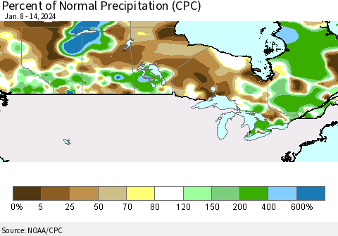 Canada Percent of Normal Precipitation (CPC) Thematic Map For 1/8/2024 - 1/14/2024