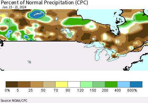 Canada Percent of Normal Precipitation (CPC) Thematic Map For 1/15/2024 - 1/21/2024