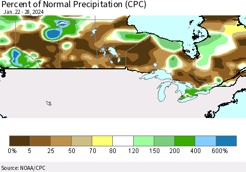 Canada Percent of Normal Precipitation (CPC) Thematic Map For 1/22/2024 - 1/28/2024