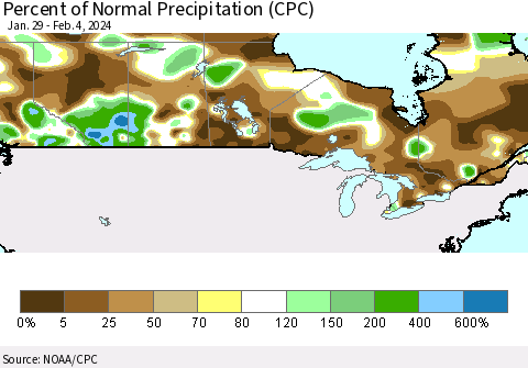 Canada Percent of Normal Precipitation (CPC) Thematic Map For 1/29/2024 - 2/4/2024