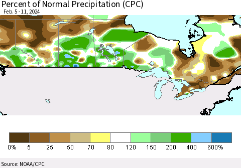 Canada Percent of Normal Precipitation (CPC) Thematic Map For 2/5/2024 - 2/11/2024