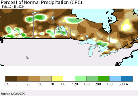 Canada Percent of Normal Precipitation (CPC) Thematic Map For 2/12/2024 - 2/18/2024