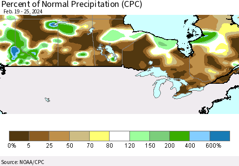 Canada Percent of Normal Precipitation (CPC) Thematic Map For 2/19/2024 - 2/25/2024