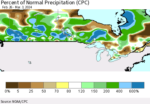 Canada Percent of Normal Precipitation (CPC) Thematic Map For 2/26/2024 - 3/3/2024