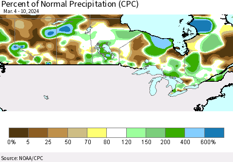 Canada Percent of Normal Precipitation (CPC) Thematic Map For 3/4/2024 - 3/10/2024