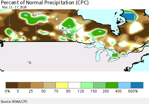 Canada Percent of Normal Precipitation (CPC) Thematic Map For 3/11/2024 - 3/17/2024