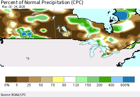 Canada Percent of Normal Precipitation (CPC) Thematic Map For 3/18/2024 - 3/24/2024