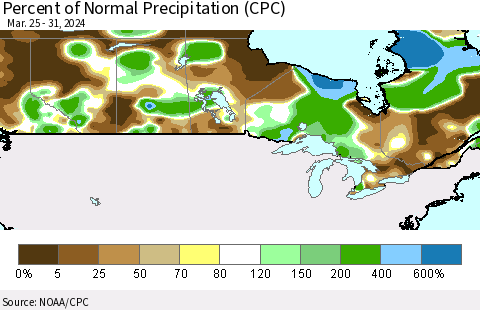 Canada Percent of Normal Precipitation (CPC) Thematic Map For 3/25/2024 - 3/31/2024