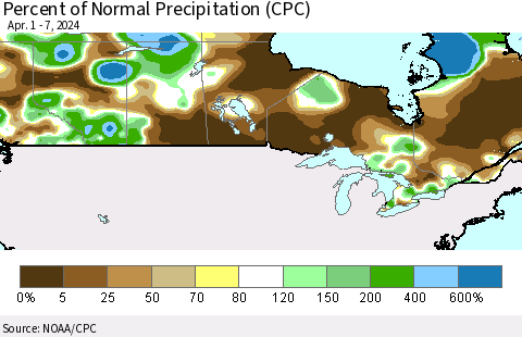 Canada Percent of Normal Precipitation (CPC) Thematic Map For 4/1/2024 - 4/7/2024