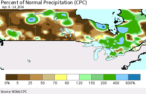 Canada Percent of Normal Precipitation (CPC) Thematic Map For 4/8/2024 - 4/14/2024