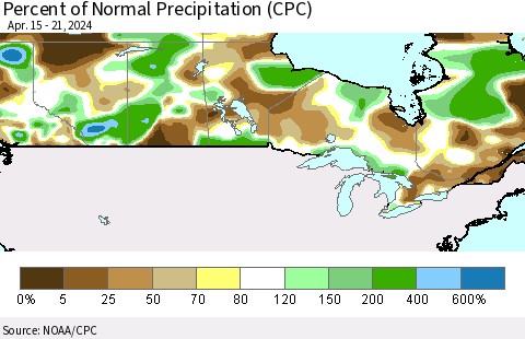Canada Percent of Normal Precipitation (CPC) Thematic Map For 4/15/2024 - 4/21/2024
