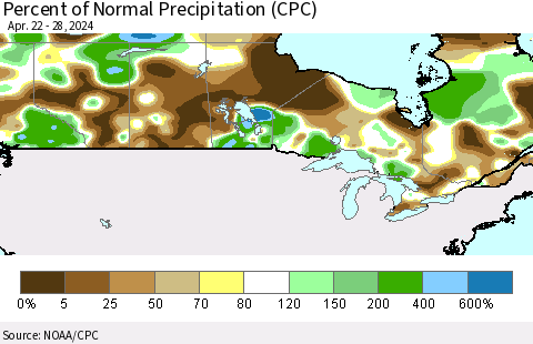 Canada Percent of Normal Precipitation (CPC) Thematic Map For 4/22/2024 - 4/28/2024