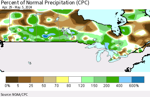 Canada Percent of Normal Precipitation (CPC) Thematic Map For 4/29/2024 - 5/5/2024