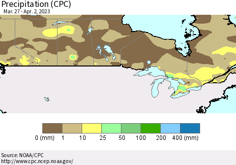 Canada Precipitation (CPC) Thematic Map For 3/27/2023 - 4/2/2023