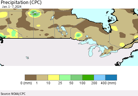 Canada Precipitation (CPC) Thematic Map For 1/1/2024 - 1/7/2024