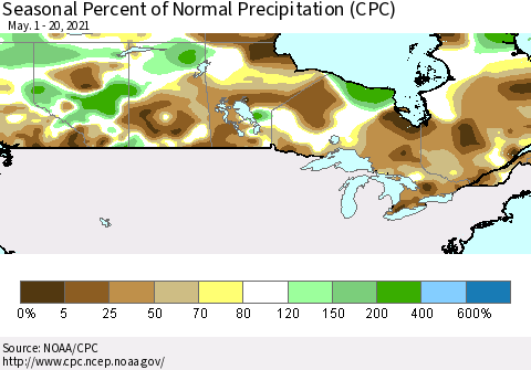 Canada Seasonal Percent of Normal Precipitation (CPC) Thematic Map For 5/1/2021 - 5/20/2021