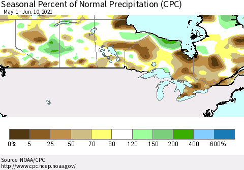 Canada Seasonal Percent of Normal Precipitation (CPC) Thematic Map For 5/1/2021 - 6/10/2021